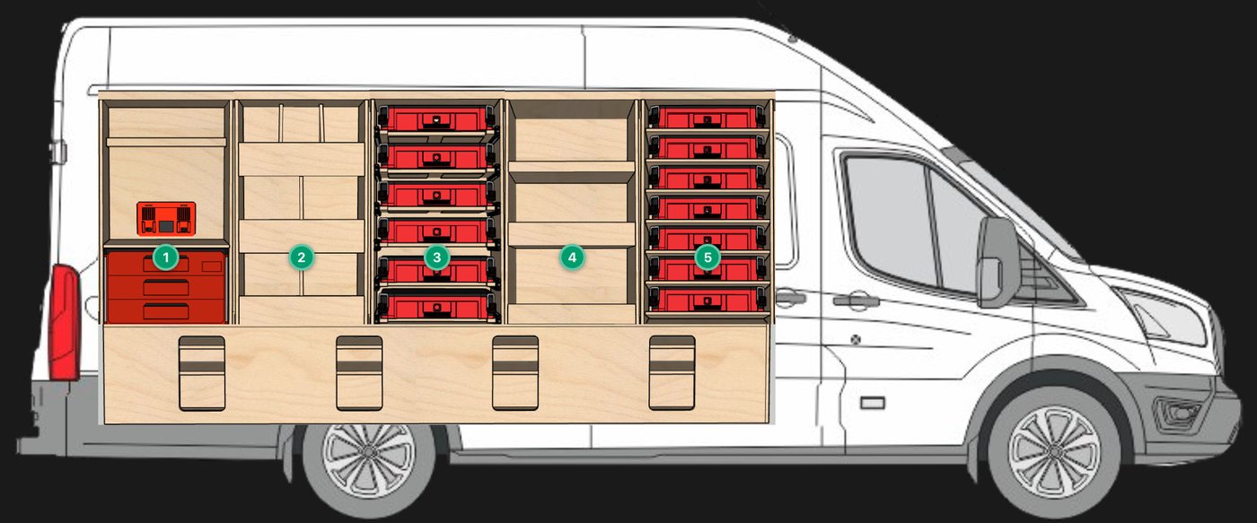 PLYRACKS 3D Van Configurator — driver side fully loaded with shelving and packout