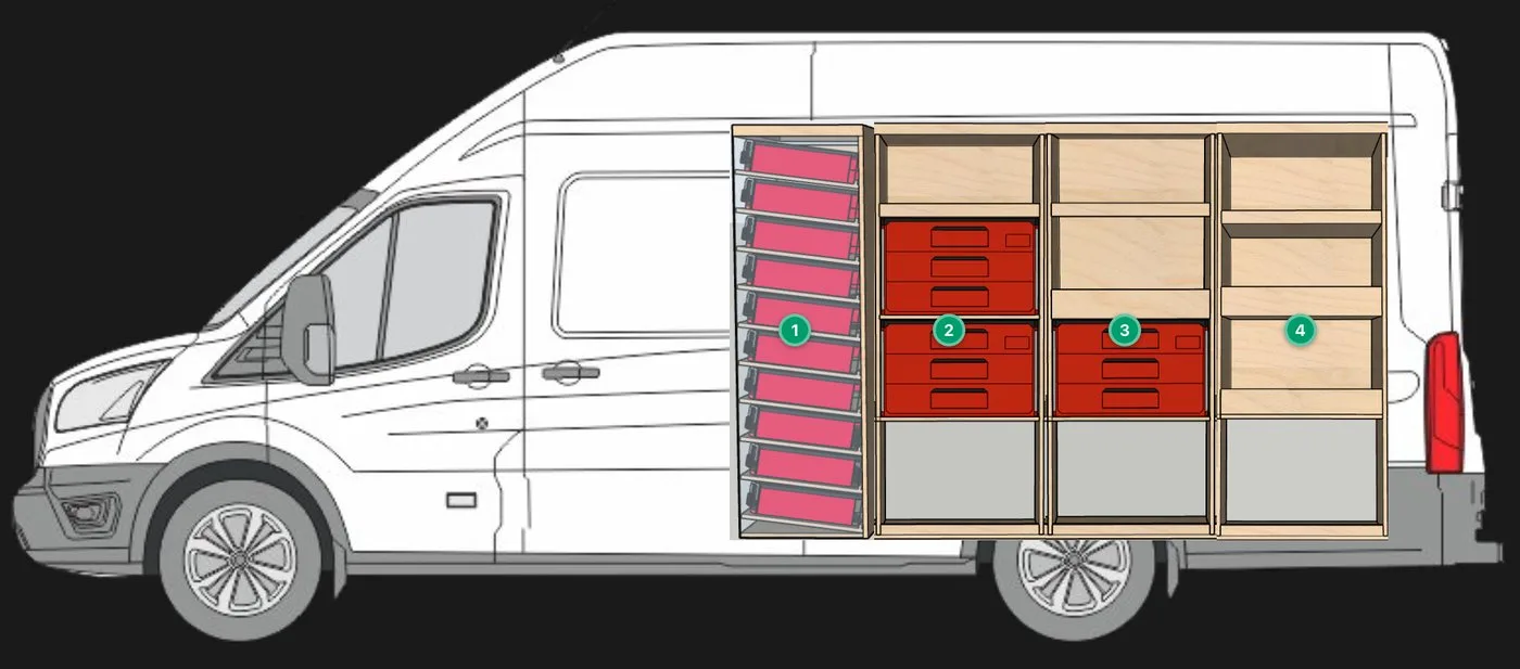 PLYRACKS Van Configurator — passenger side loaded with shelving and packout
